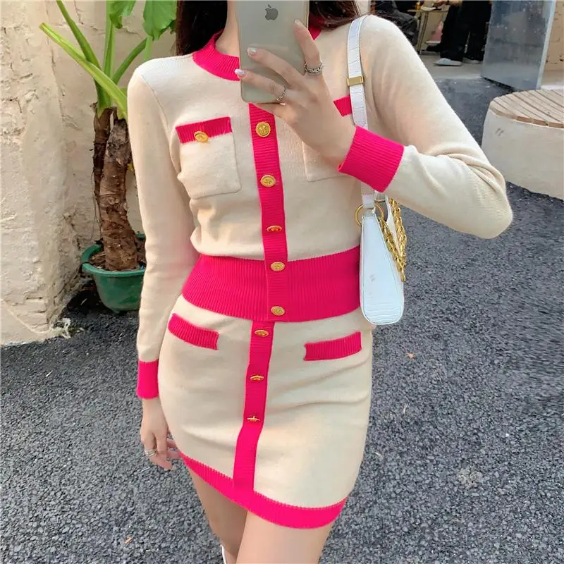 

Make firm offers French knitting dress color matching cardigan package hip skirt twinset coat cultivate one's morality