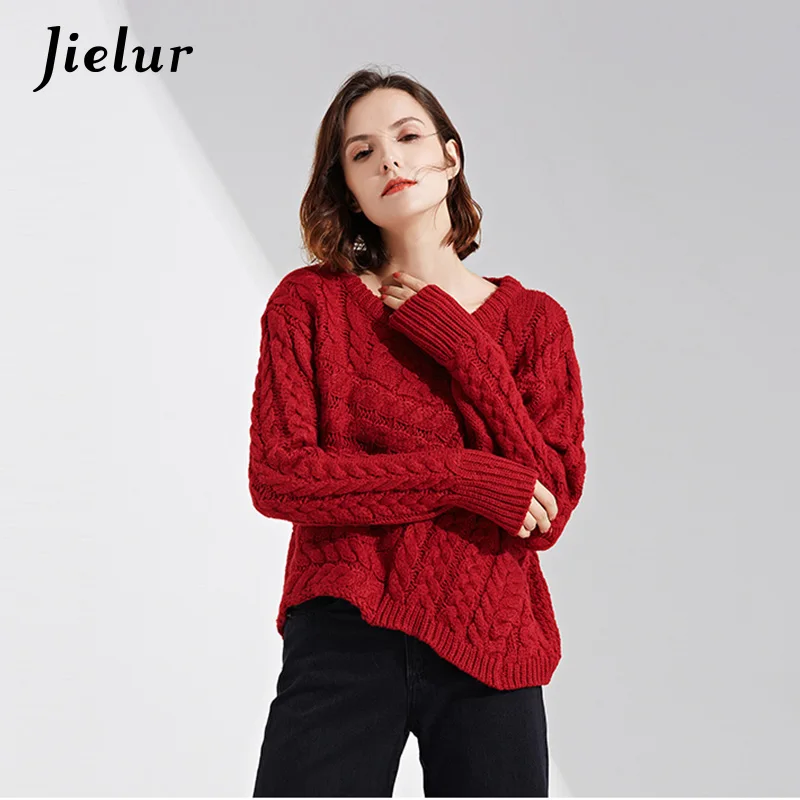 

Jielur Winter Loose Twist Braided Lady's Sweater Fashion Irregular Hem Knitted Sweater Women Europe High Street Knitwear