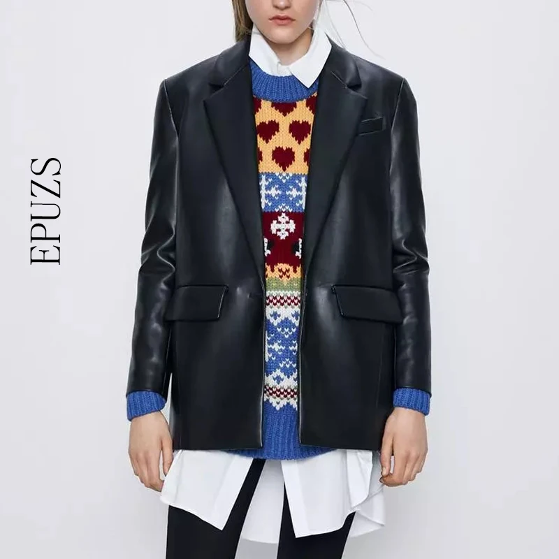 

Весенний черный блейзер из искусственной кожи, женский элегантный офисный костюм с длинным рукавом, куртка, повседневные блейзеры и куртки на одной пуговице 2021