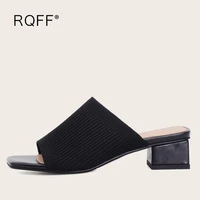 2021 new mules womens stretch cloth sandals plus big size 42 43 summer shoes med block heels open square toe black yellow slides