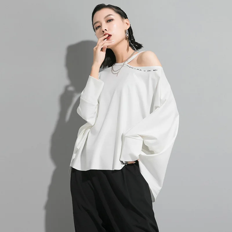 Женская футболка LANMREM черная/белая без бретелек оверсайз 2020 | одежда