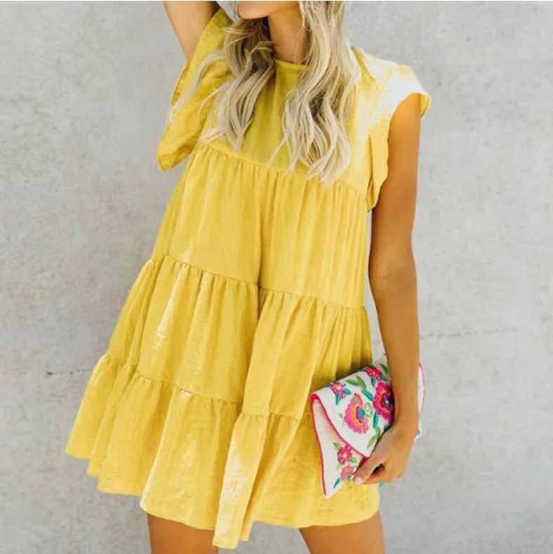 

Womens Fashion Ruffles Dress Summer Fresh Solid Color Round Neck Large Swing Irregular Midi Vestido Dresses