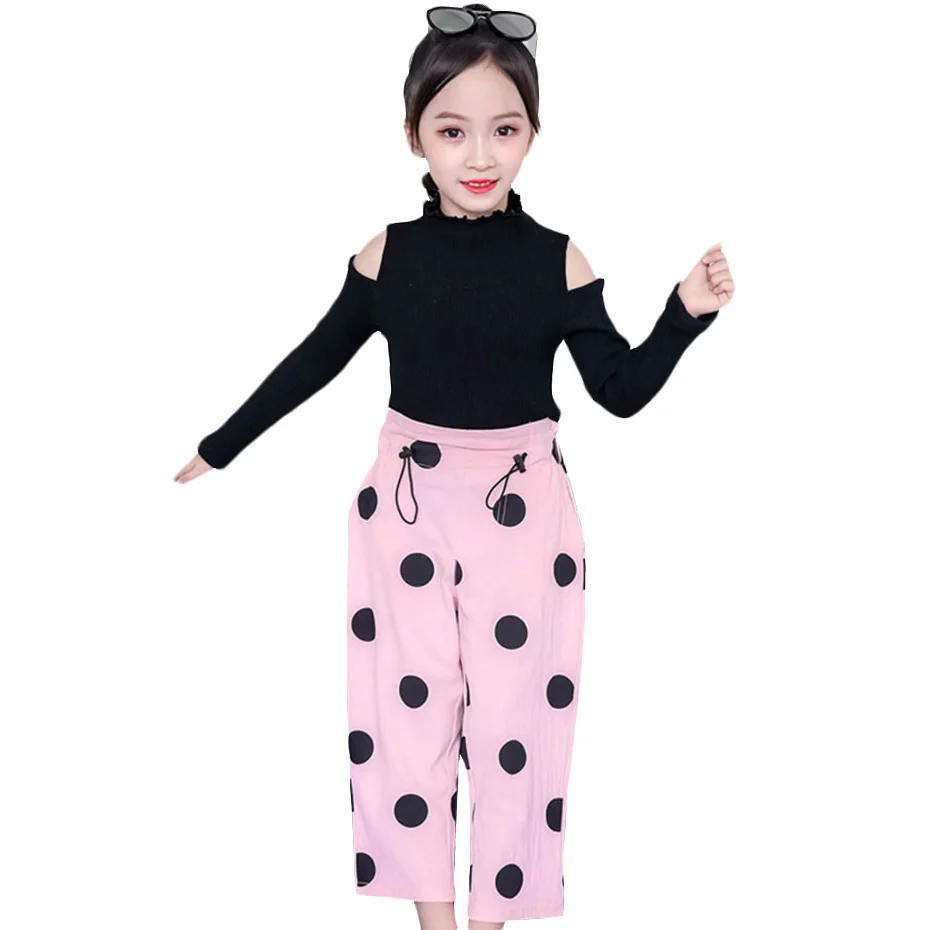 Детская одежда для девочек вязаный свитер и штаны в горошек наряды с открытыми