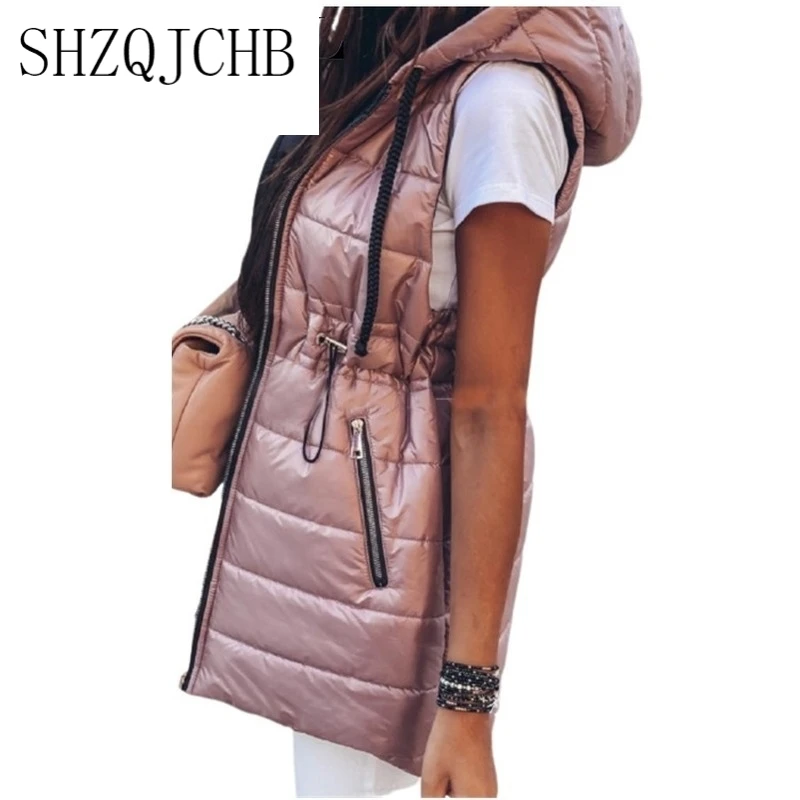 

JCHB Women Winter Warm Thick Hooded Vest Parka Ladies Elegant Shiny Drawstring Waist Corset Zipper Hooded Coat Jacket Overcoat