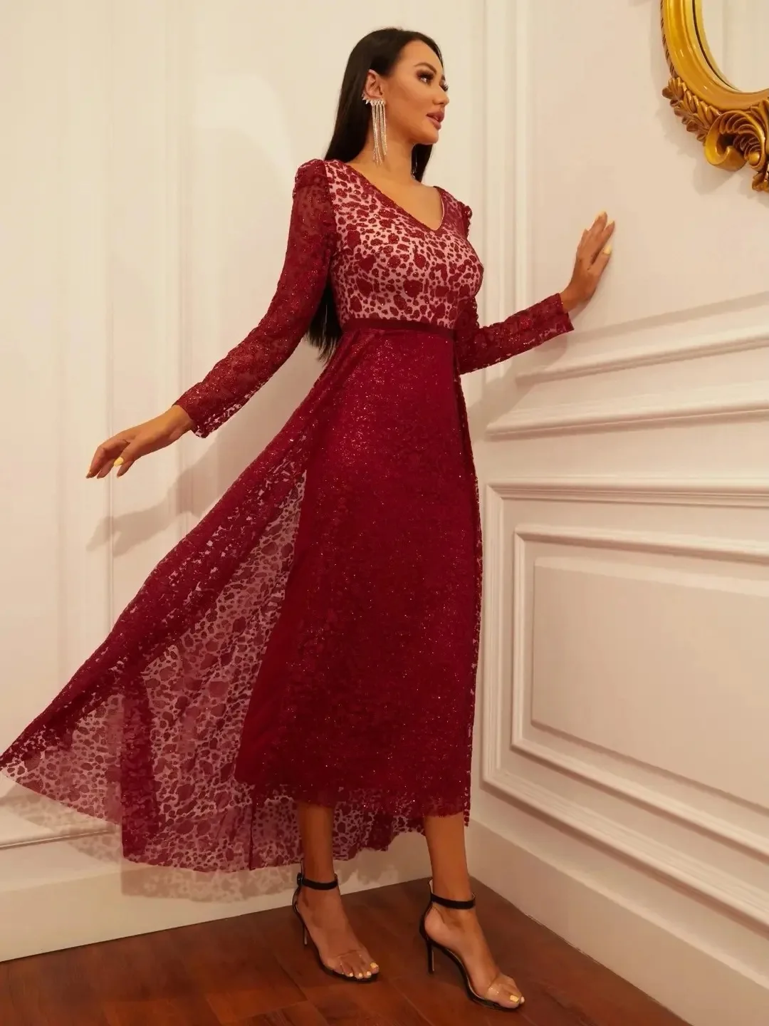 

Elegant Solid Long Sleeve Burgundy Dress V Neck Fashion A Line Women Casual Winter Dress Vintage Midi Vestidos