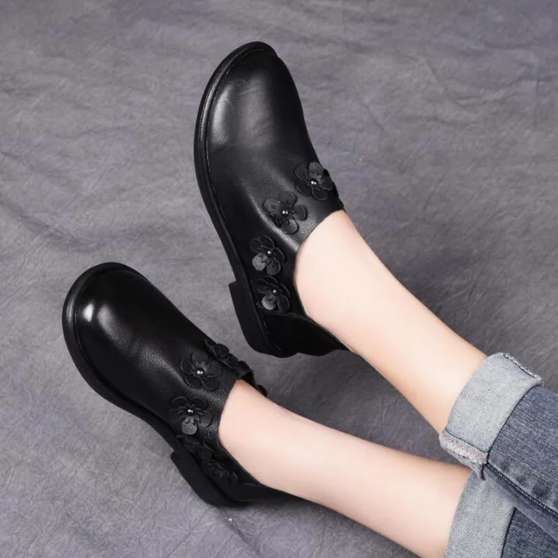 2020 New Women Flat Shoes Round Toe Slip-On Handmade Shoes Woman Genuine Leather Singles Shoes Women Loafers