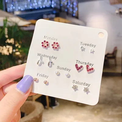 7 пар/компл.. Серьги Искусственный горный хрусталь каждый день разные