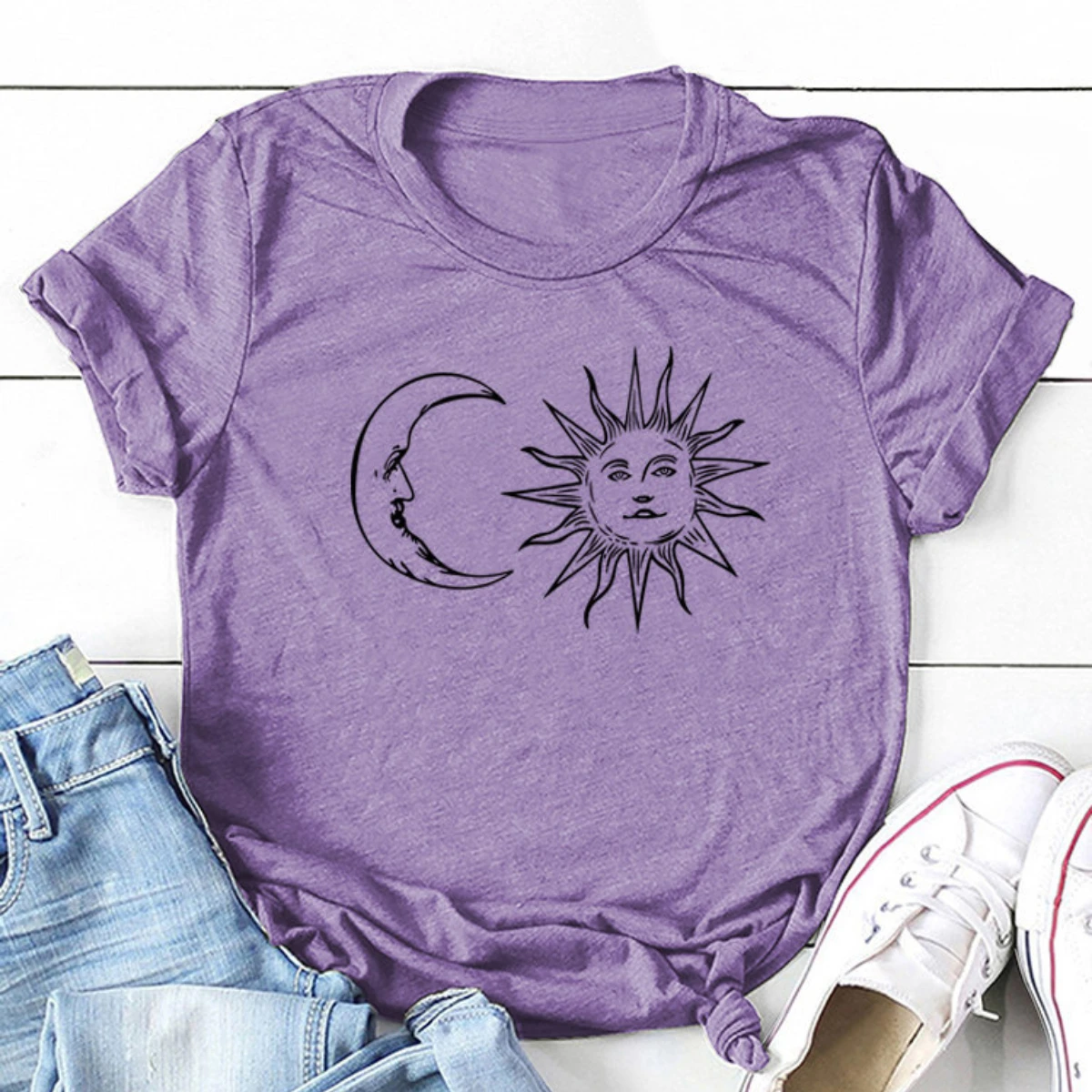 

Women Vintage Cottom Casual T Shirts Tees Greek Mythology Classical Sun and Moon Print Round Neck short-sleeved T-shirt Tops