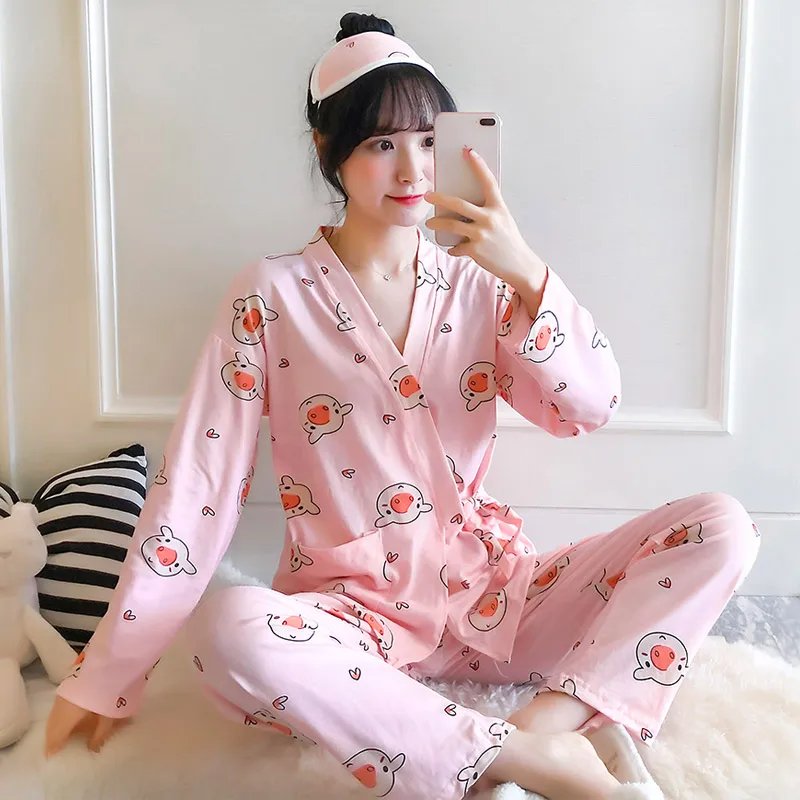 

Autumn Long Sleeve Japanese Style Kimono Women Pajamas Set Sexy Fall Strappy 2piece Winter Pajama Suit Pink Pig Home Sleep Wear