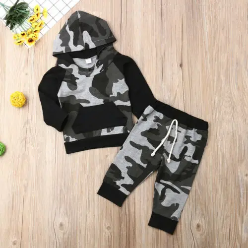 

2020 Fall Spring Toddler Baby Boys Clothing Set Children Long Sleeve Camouflage Hooded Sweatshirt + Drawstring Long Pants 1-6T