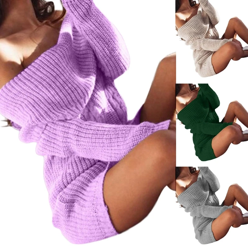 

Women Long Sleeve Sexy Off Shoulder Mini Sweater Dress Solid Color Slim Package Hip Pullover Knit Tunic Streetwear