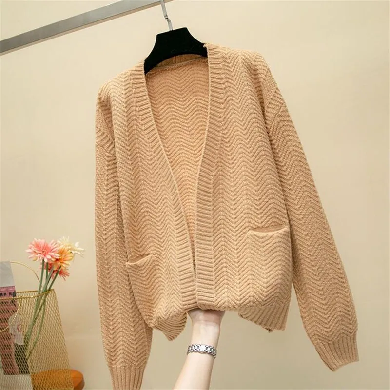 2019 For Girl Casual Knitted Sweater Autumn Korean Women Slim Solid Color Pocket Design Cardigan Khaki White Blue Brown |