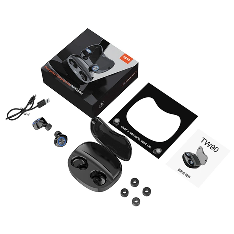 Tws90 Bluetooth 5.0 Wireless Headset Waterproof Sports Hifi Stereo Headset Digital Display Bluetooth Headset
