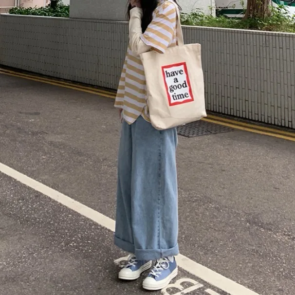 

Straight jeans women mop pants light color new retro loose pants high waist wide leg pants