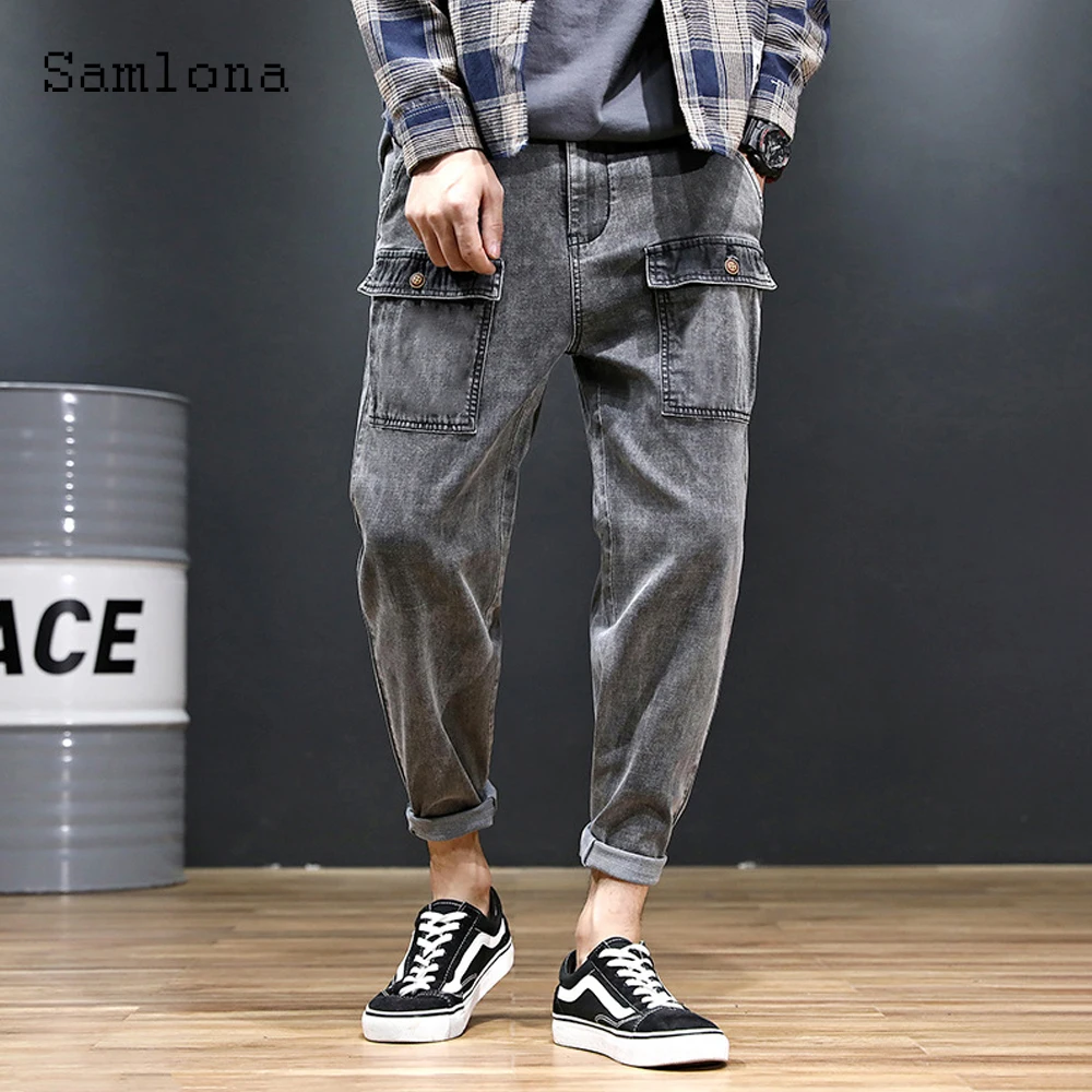 

Samlona Plus Size Mens Demin Pants Kpop Style 2021 Summer Gray Jean Pants Multi Pockets Trouser Fashion Hip Hop Pencil Pant