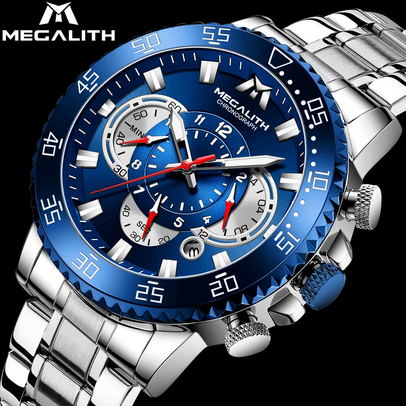 Мужские часы MEGALITH синие серебристые водонепроницаемые спортивные с хронографом