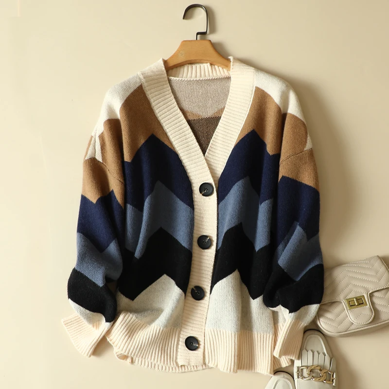

Утепленный вязаный женский свитер, кардиган, Зимний новый дизайн 2021, v-образный вырез, полосатый пуговицы, женская верхняя одежда, пальто, то...
