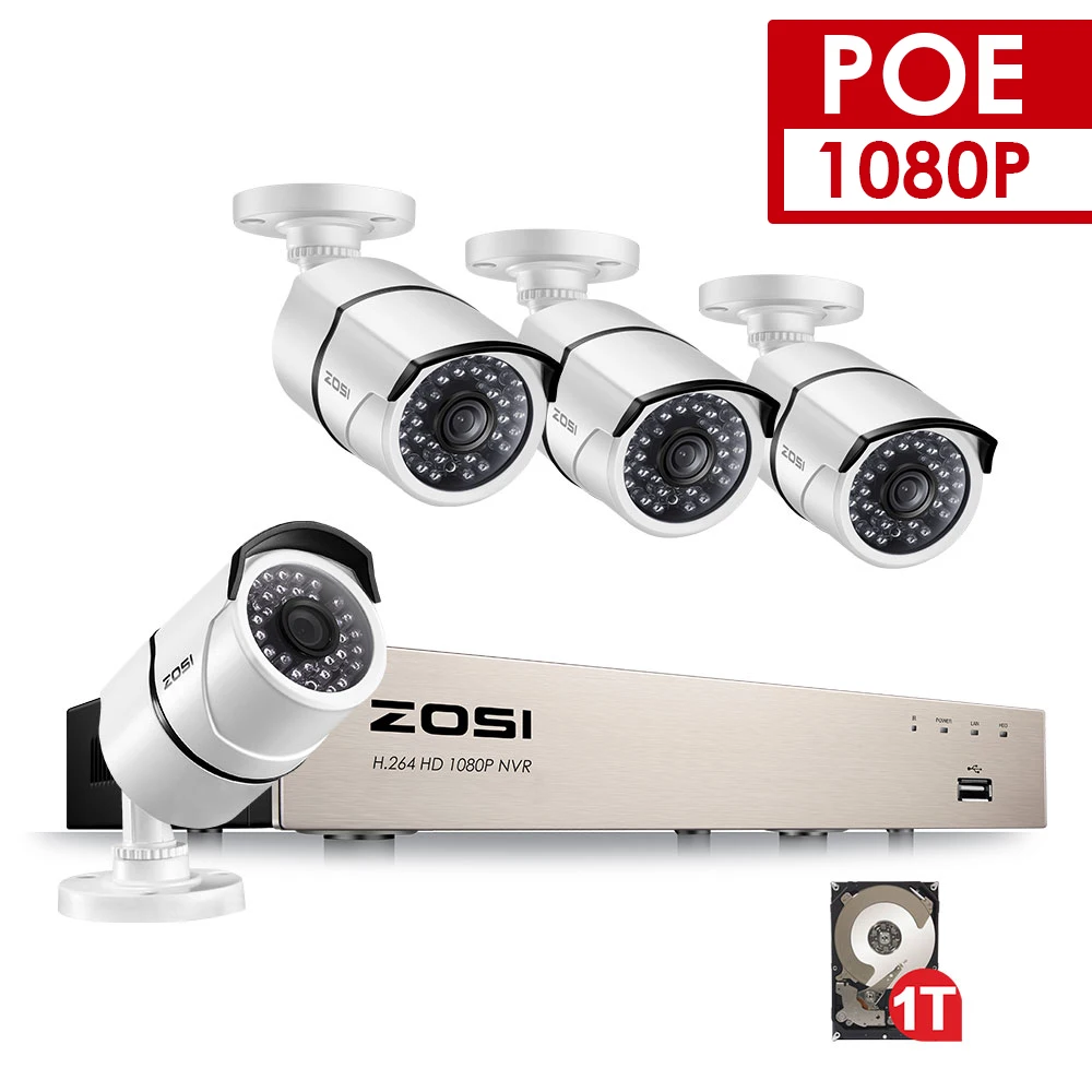 ZOSI 8CH NVR 1080P IP сеть POE Запись видео ИК наружная камера видеонаблюдения системы безопасности домашний комплект видеонаблюдения