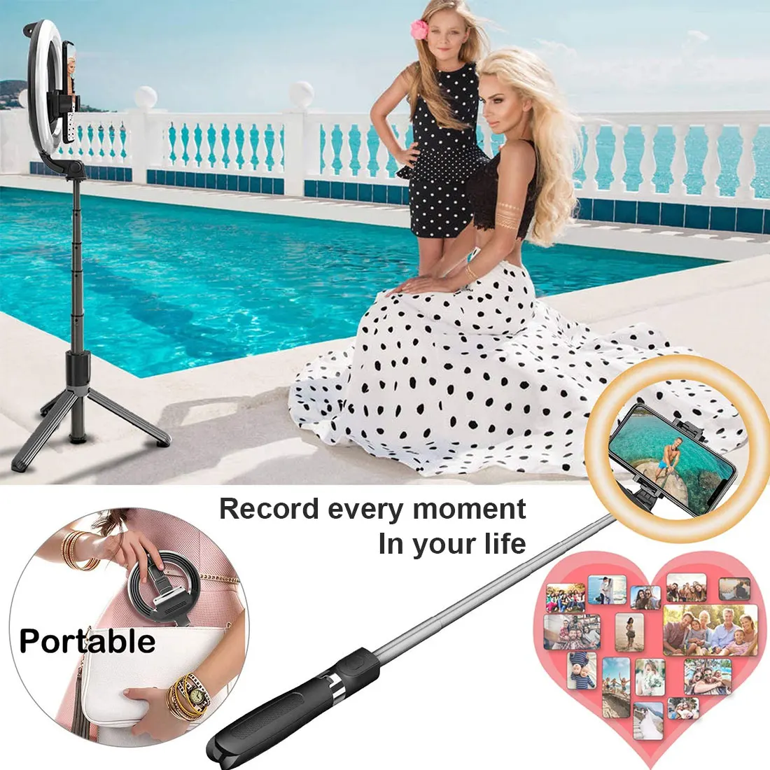 

Wireless Bluetooth Selfie Stick Foldable Handheld Remote Shutter Tripod With 5inch LED Ring Photography Light For Android IOS