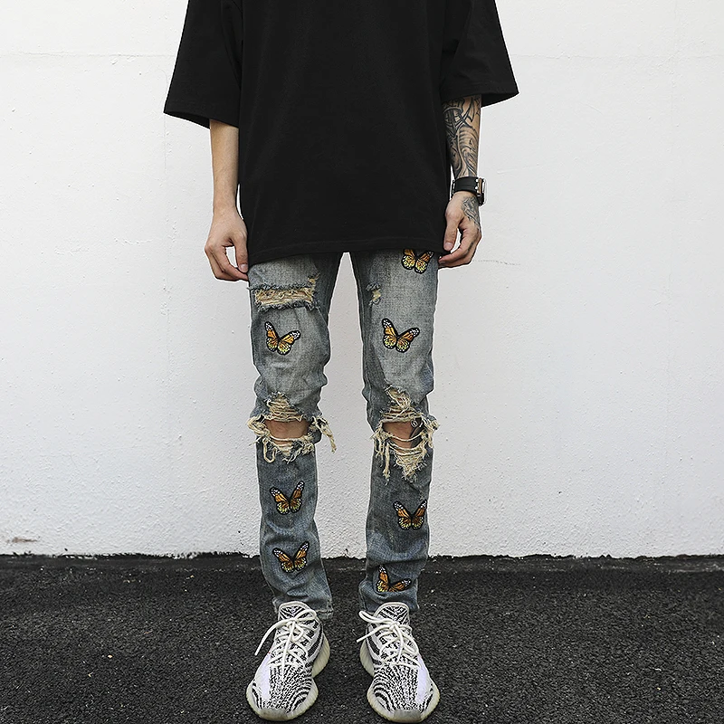 

GODLIKEU High Street Butterfly Embroidery Ripped Hole Jeans Mens Casual Hip Hop Distressed Slim Fit Skinny Denim Pants