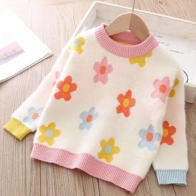 

Baby Sweet Kids Clothing Autumn for Girls Long Sleeve Girl Knitwear Pullover Clothes Girls Sweaters Flower Pattern Sweater