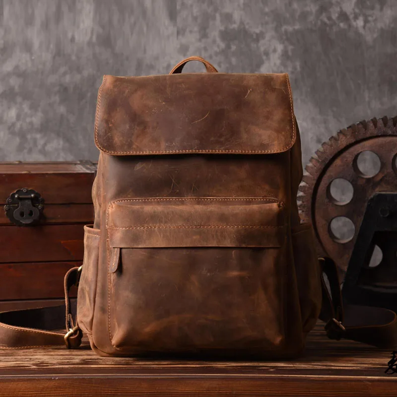 

Brand Designer Men Genuine Leather Backpack Crazy Horse Vintage Daypack Multi Pocket Casual Rucksack Vintage Handmade Tote Bolsa