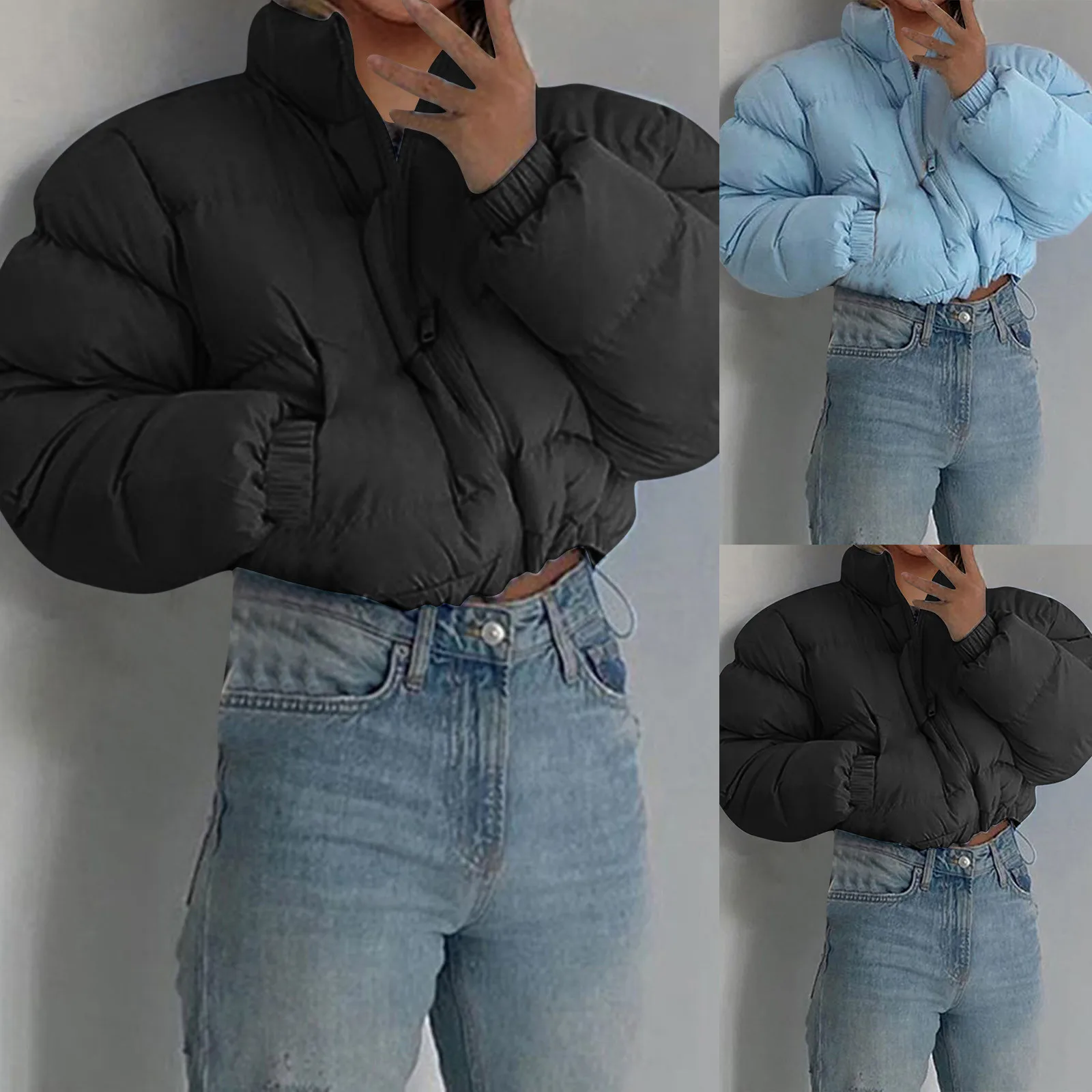 

2021 модная Куртка осень-зима новая однотонная Куртка на молнии с карманами стоячим воротником с длинным рукавом Короткая Куртка с подкладко...