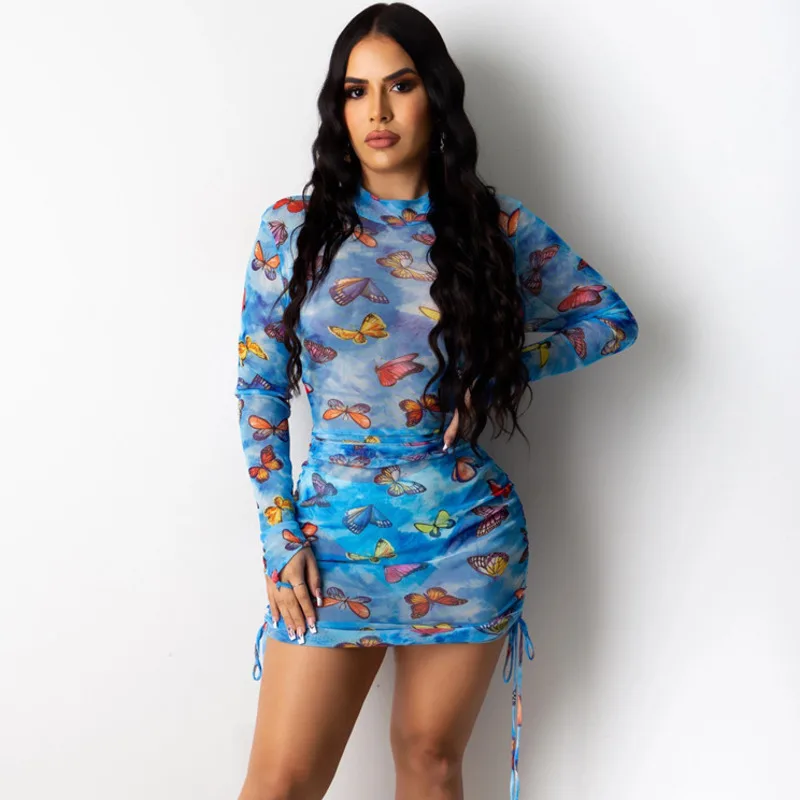 Женское прозрачное короткое платье с цветочным принтом длинным рукавом и