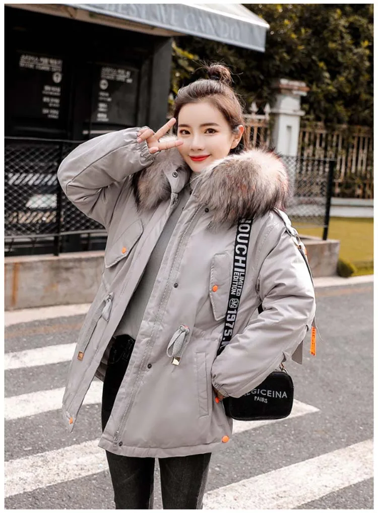 grey Новые Теплые женские пуховики из хлопка, зимние банты куртки, пальто с большим меховым воротником, стеганая верхняя одежда с завязками на талии, куртка с большим карманом - Цвет: grey