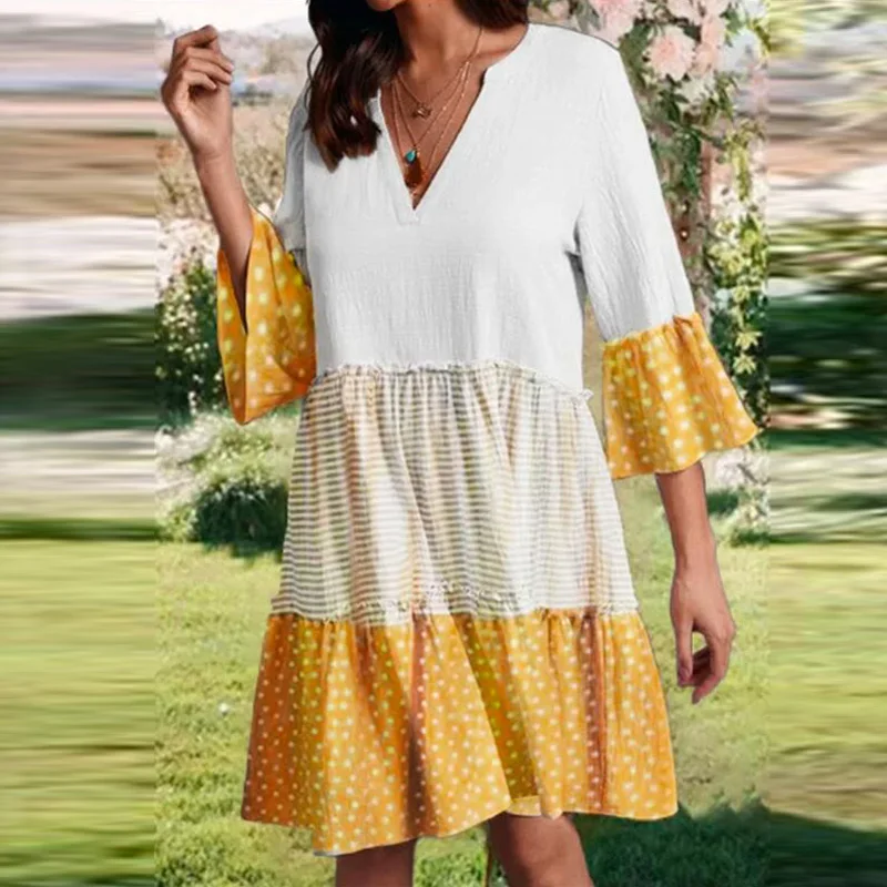 

Spring Retro Patchwork Loose Mini Dress Elegant Polka Dot Print Half Sleeve Party Dress Women Casual V Neck Pleated Ruffle Dress