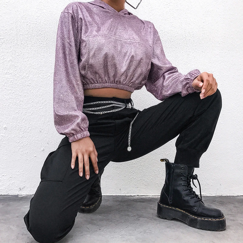 Блестящие Harajuku худи укороченный шикарный Повседневный женские толстовки с