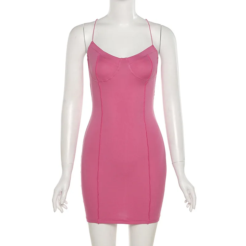 

ALLNeon 2000s Aesthetics Pink Tie-Back Mini Dresses Y2K Fashion Cute Backless Spaghetti Straps Bodycon Cami Dress Sexy Clubwear