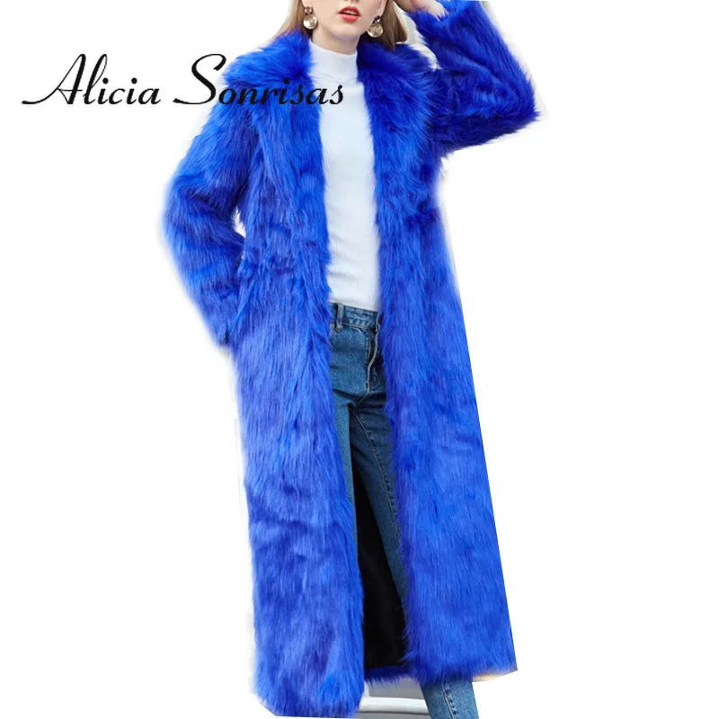 2021 Winter Women Faux Fur X-Long Solid Warm Fox Tailored Collar Thick Coat Street Hipster Fashion Long Sleeves Jacket Feminino