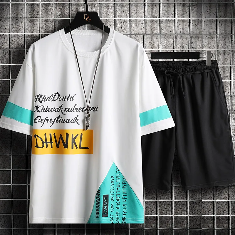 

Letters Printed Men's Hip Hop Sets 2021 Summer New Casual Sports Cotton T-shirt + Shorts Patchwork O-Neck Male Suits size 4XL