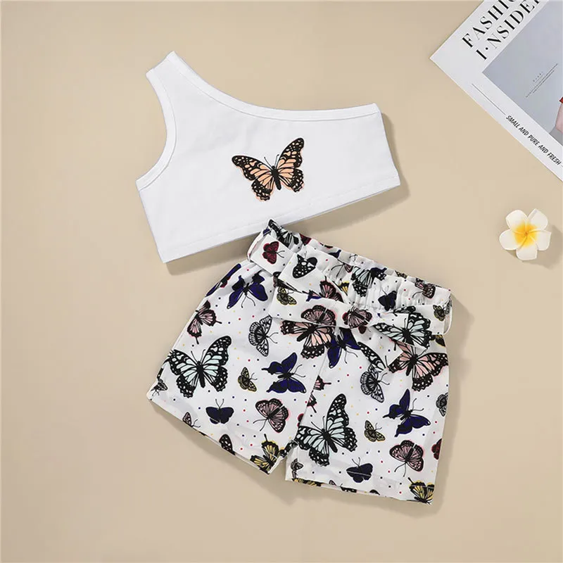 

Summer Kids Suit Chid Girl Set Butterfly Print One Shoulder Sleeveless Crop Tops Shorts for Girls Clothing Sets