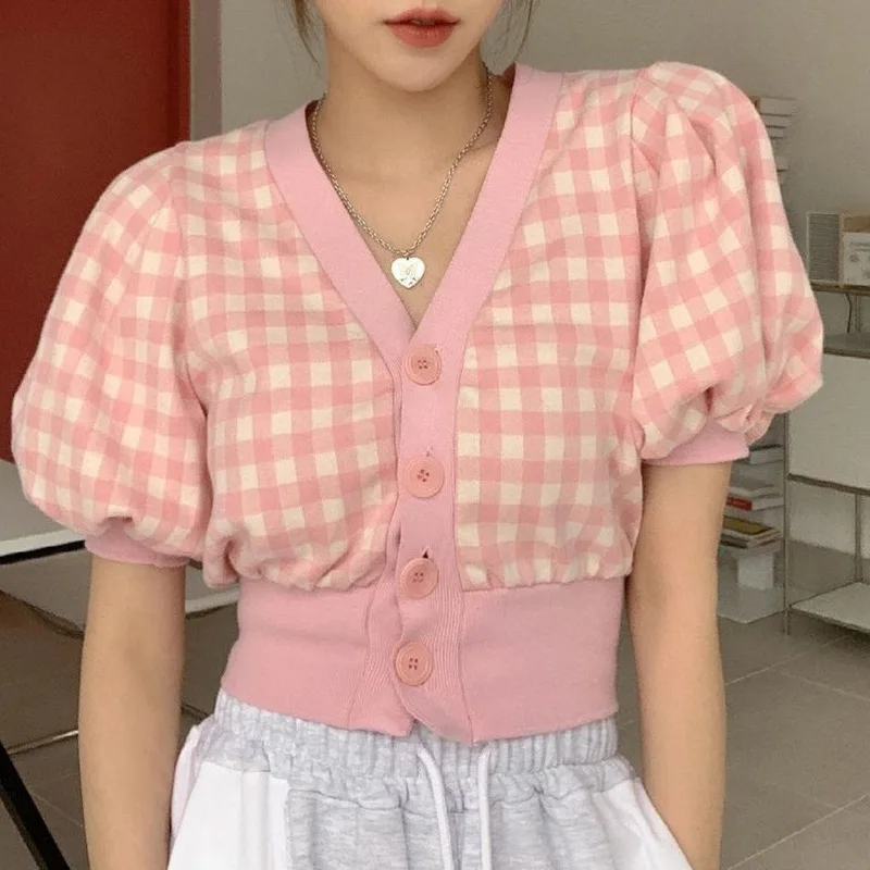 

Women's V-neck Plaid Knitted Cardigan Color Block Short Puff Sleeve Button Down Elastic Waist Crop Top Y2K E-girl 90s Streetwear