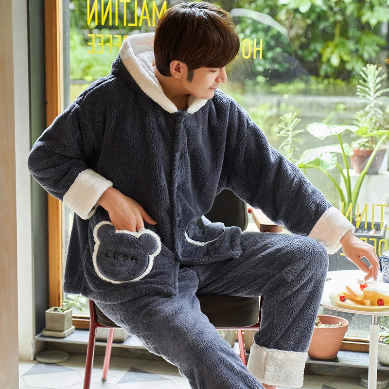 Winter Pajamas Loose Version Lady's Sleepwear Flanner Pajama set Contrast Color Woman женский Nightdress Hooded Lovers Pajamas