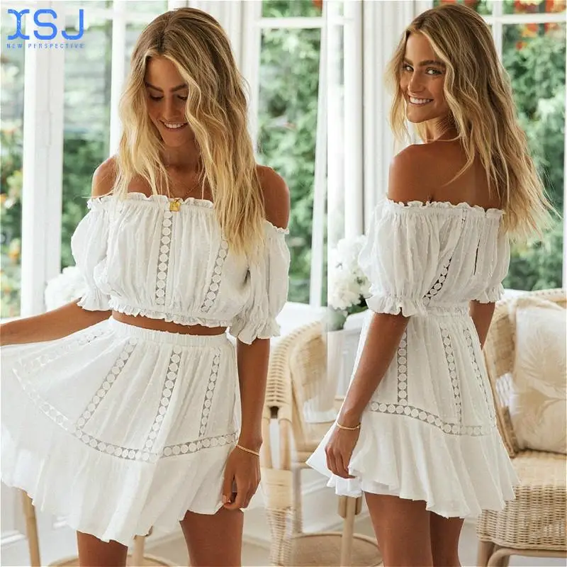 

Summer Two Piece Set Women's Bohemian Lace Off Shoulder Blouse and Pleated Skirt Casual Beach Skirt