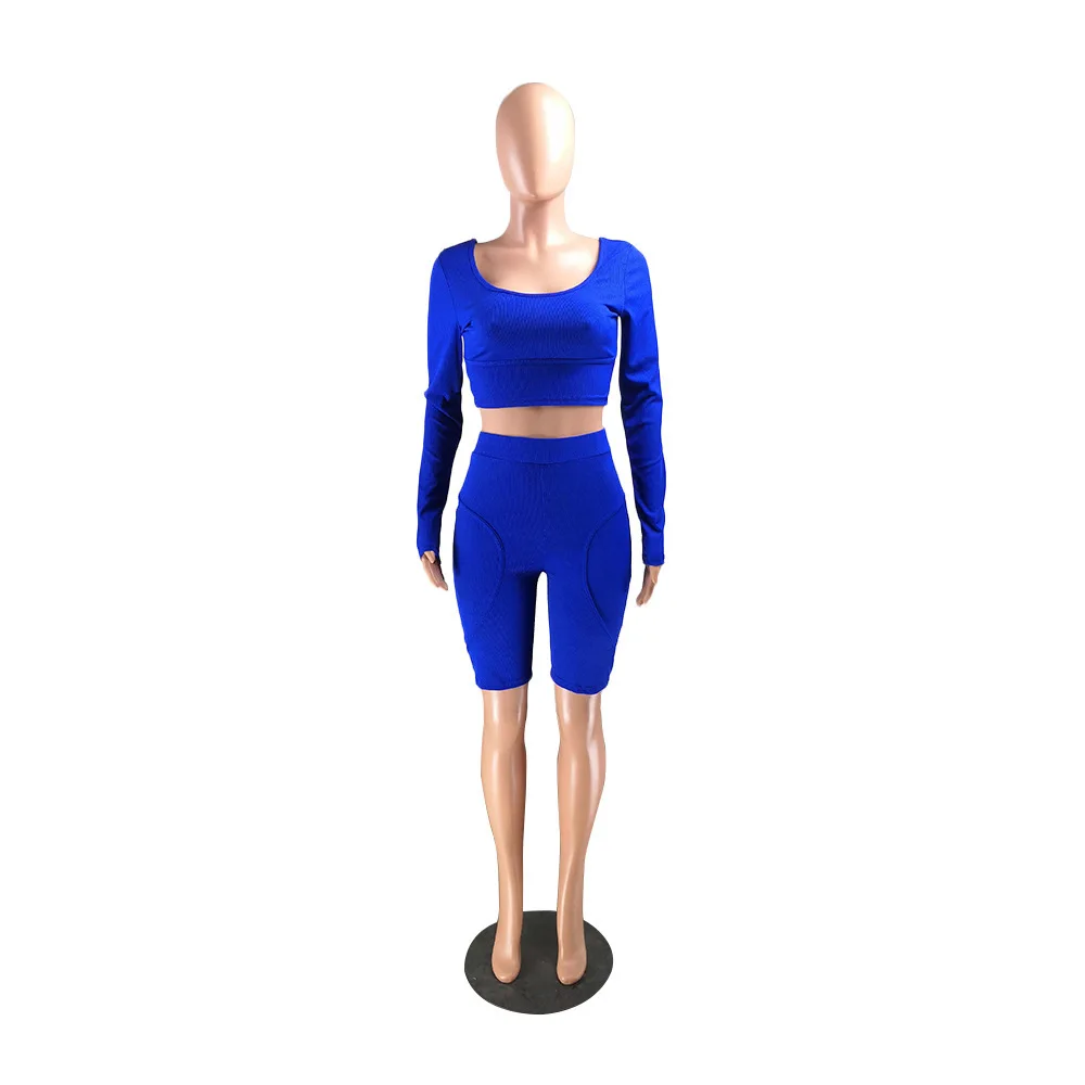 

Full Sleeve Round Neck Pleated Solid short Tops And Sexy knee-Length Draped Pants Fashion Casual Exposed Navel Two Piece Outfits