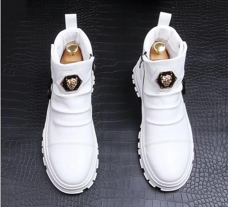 Мужские кожаные ботильоны с заклепками белые повседневные ботинки в стиле панк