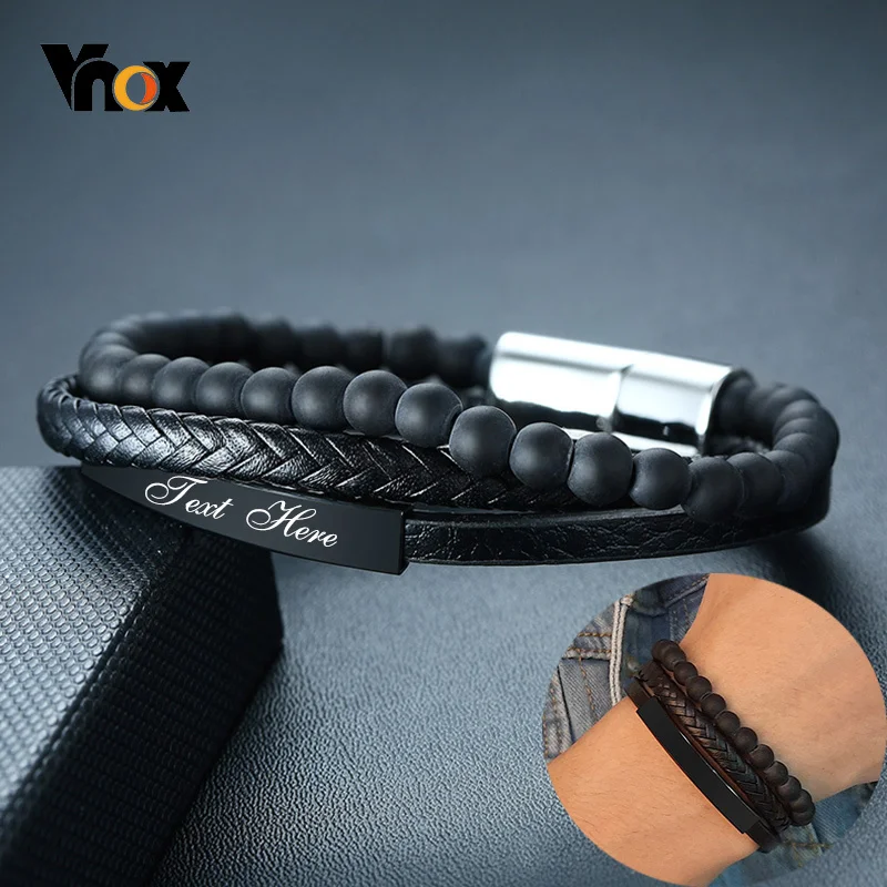 

Vnox Free Custom Men's Genuine Leather Bracelets Multi-layer Personalize Info Wrap Bangle Gifts for Him Accessories