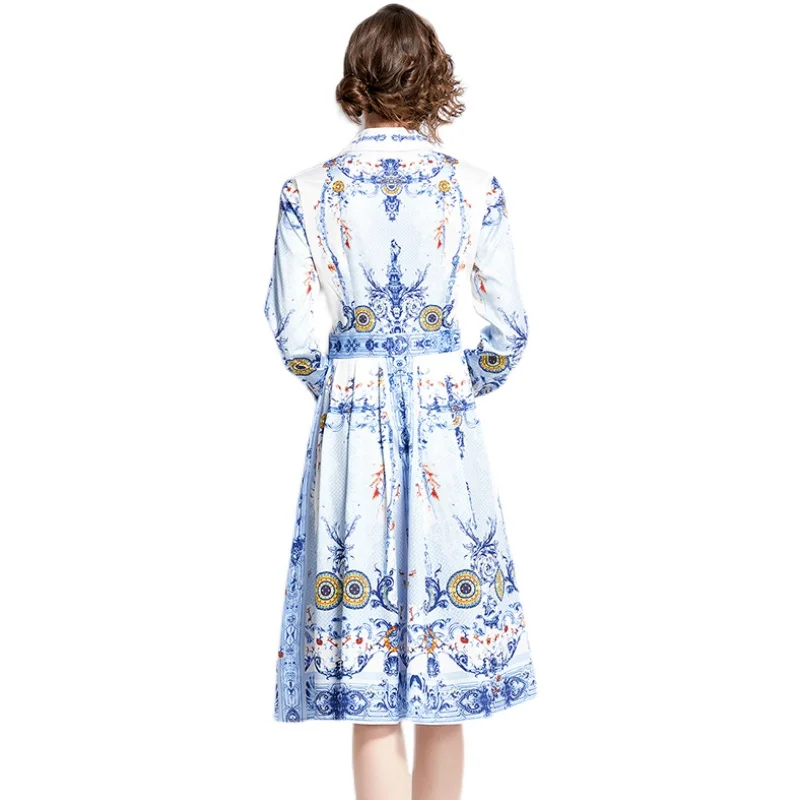 

Simgent Long Sleeve Print Dress 2021 Autumn Turn Down Collar Ruched Knee Length Elegant Dresses Vestidos Robe Femme SG17135