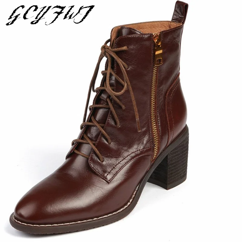 

Women's Mid Calf Boots Winter Plush In Warmest Ladies Boots Retro Sewing Zipper-Sid Lace-Up Platform Crude Heel Cool Girl Shoes