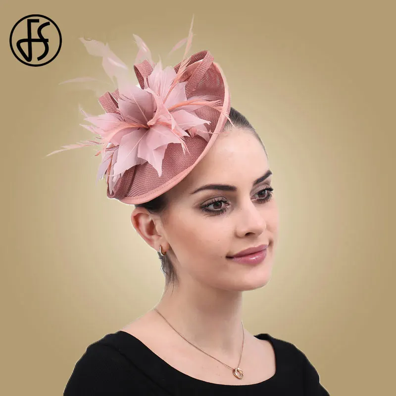 FS для торжественного случая шляпа Для женщин перья розовый Шапки Чай вечерние