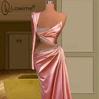 pink one shoulder single long sleeve mermaid evening dresses 2021 cut away sides middle east satin prom party gowns vestidos