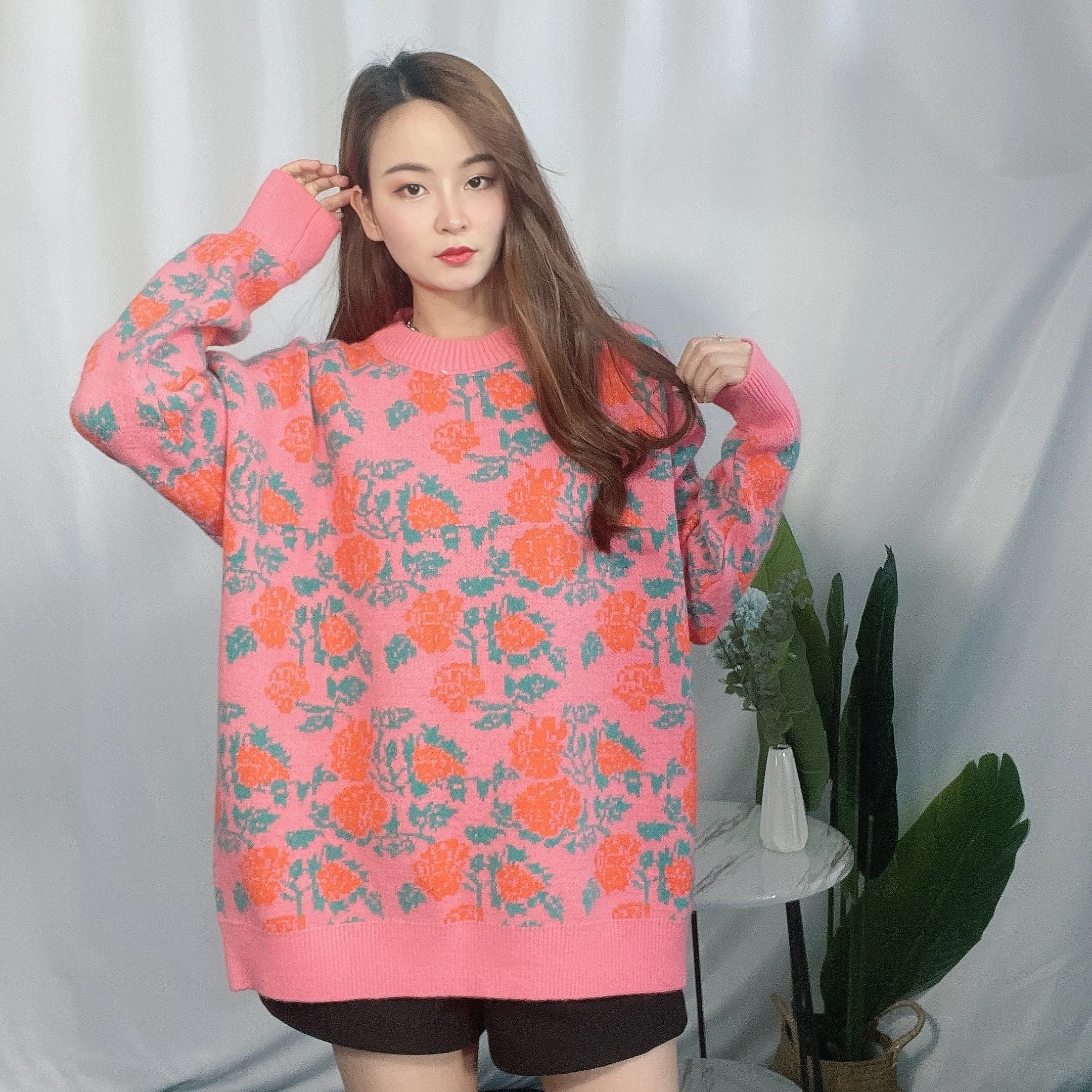 

High Quality Sweater Winter 2021 Long Sleeves Loose Oversize Rose Pullover knit Sweater for Women