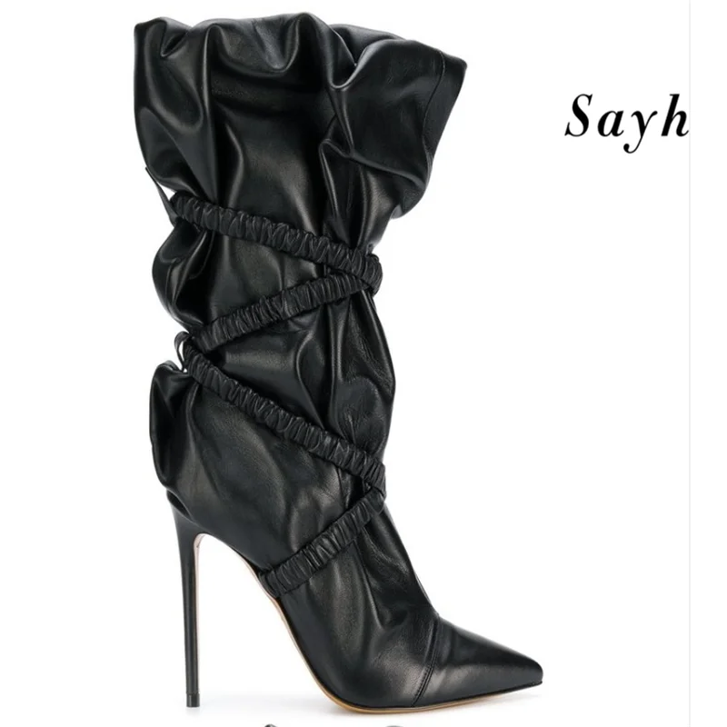 

2020 Winter Mid Calf Boots Leather Riding Boots High Heels Pumps Pleated Bandage Elastic Stilettos Autumn Shoes Size Plus