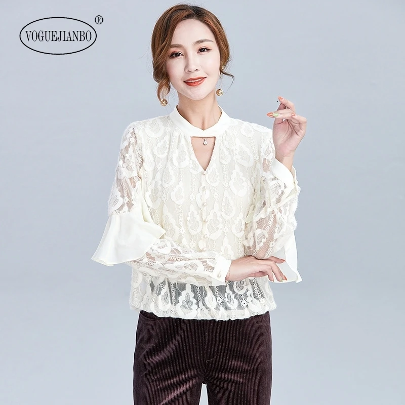 

Autumn 2019 new ladies clothes stand collar ruffle long sleeve loose lace blue shirts women's new micro elastic tops and blouses