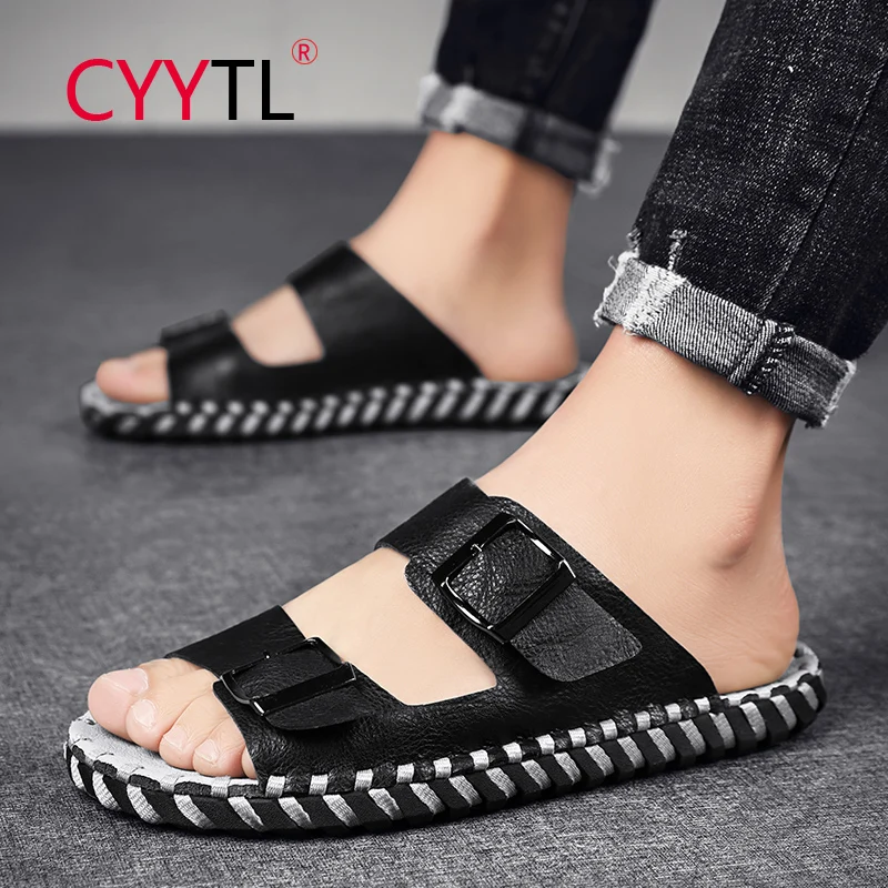 

CYYTL Adjustable Men Straps Leather Slippers Handmade Outdoor Beach Waterproof Shoes Soft Water Sandals Zapatillas De Casa