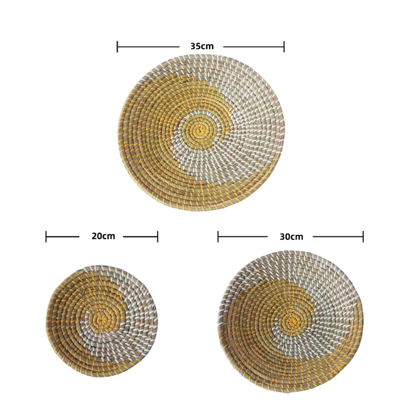 

3pcs Boho Woven Wall Basket Decor Handmade Seagrass Hanging Decorative Tray Bowl Fruit Coffee Tea Dessert Plate for Living Room